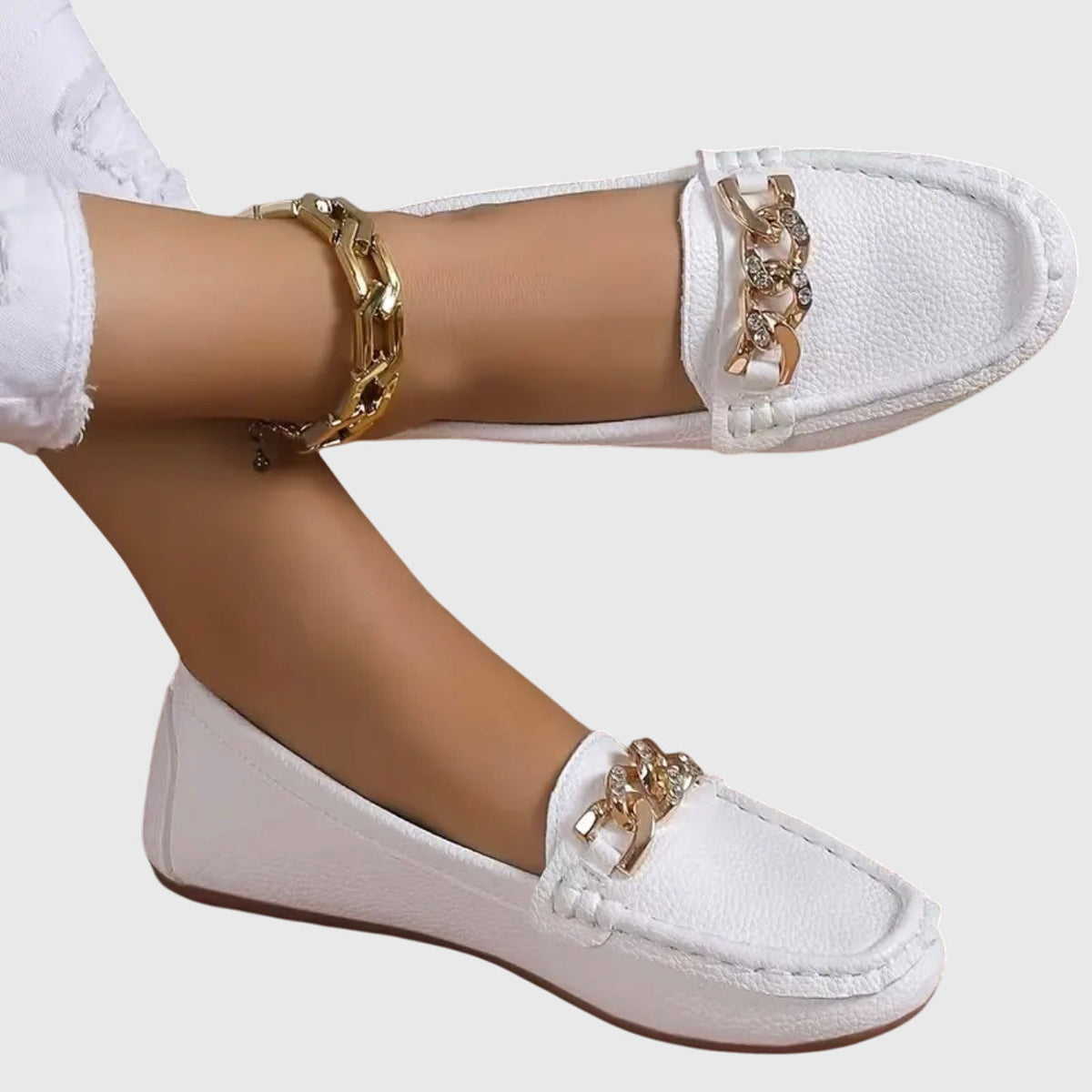 Chain Embellished Round Toe Slip On Loafers