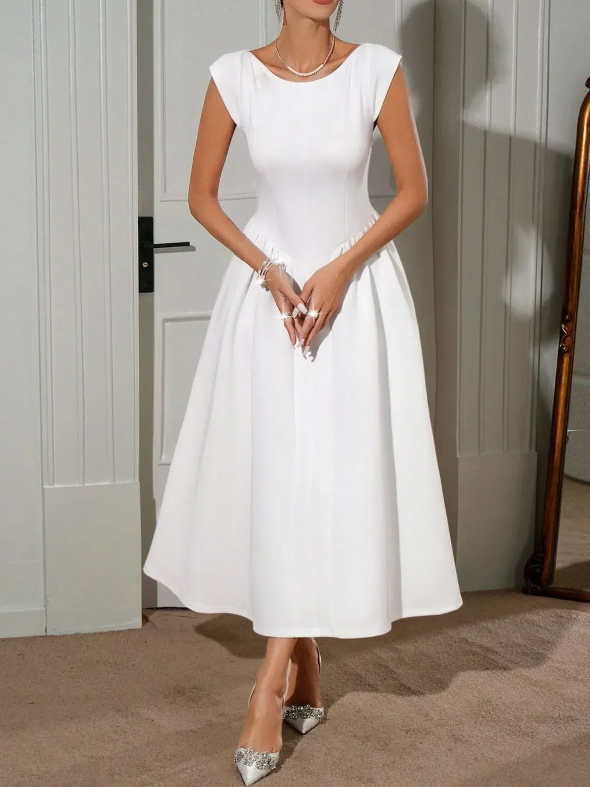 Boat Neck Cap Sleeve Fitted Bodice Fit and Flare Midi Dress 2