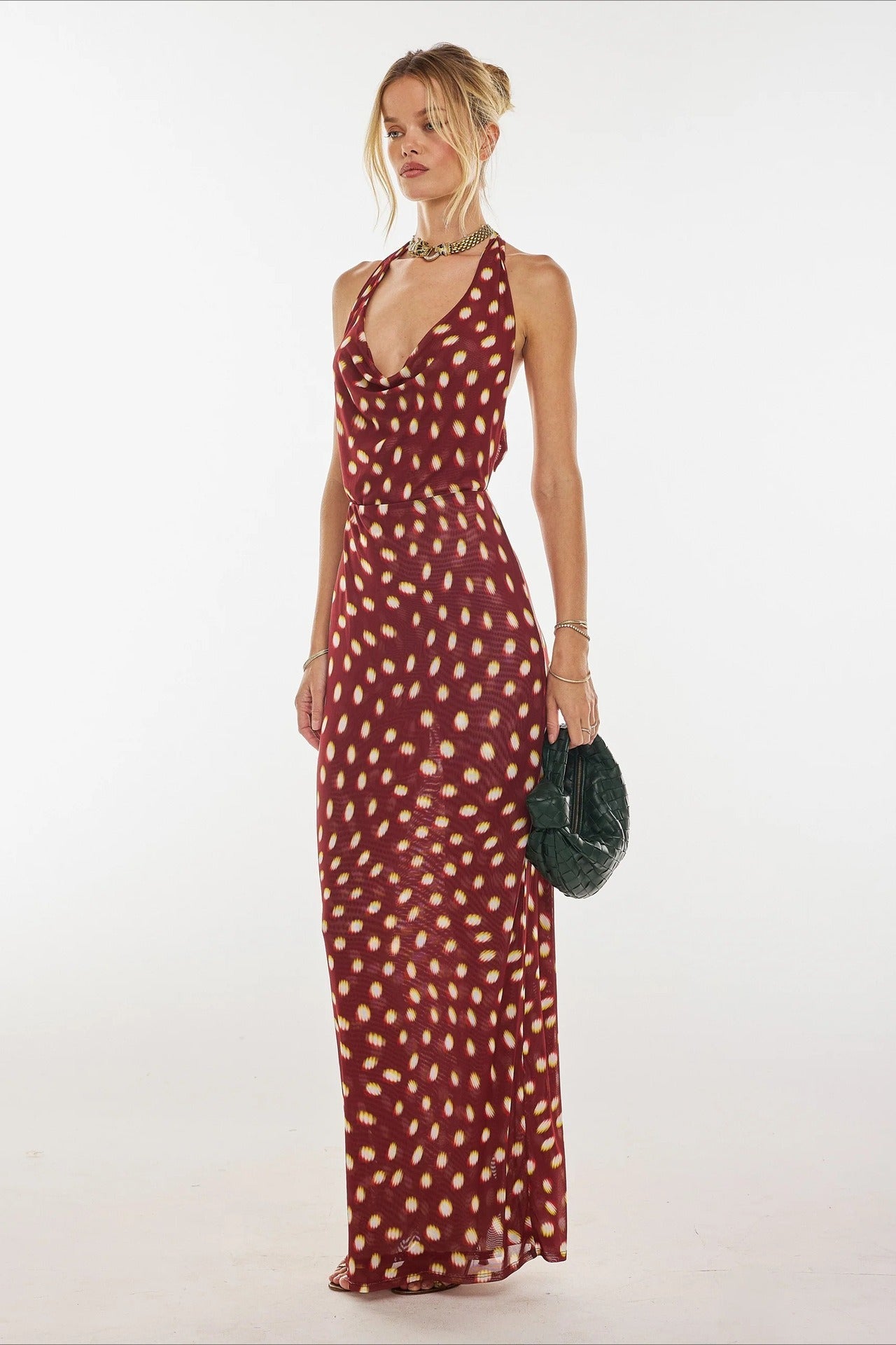 Polka Dot Print Halter Waist Tie Maxi Dress