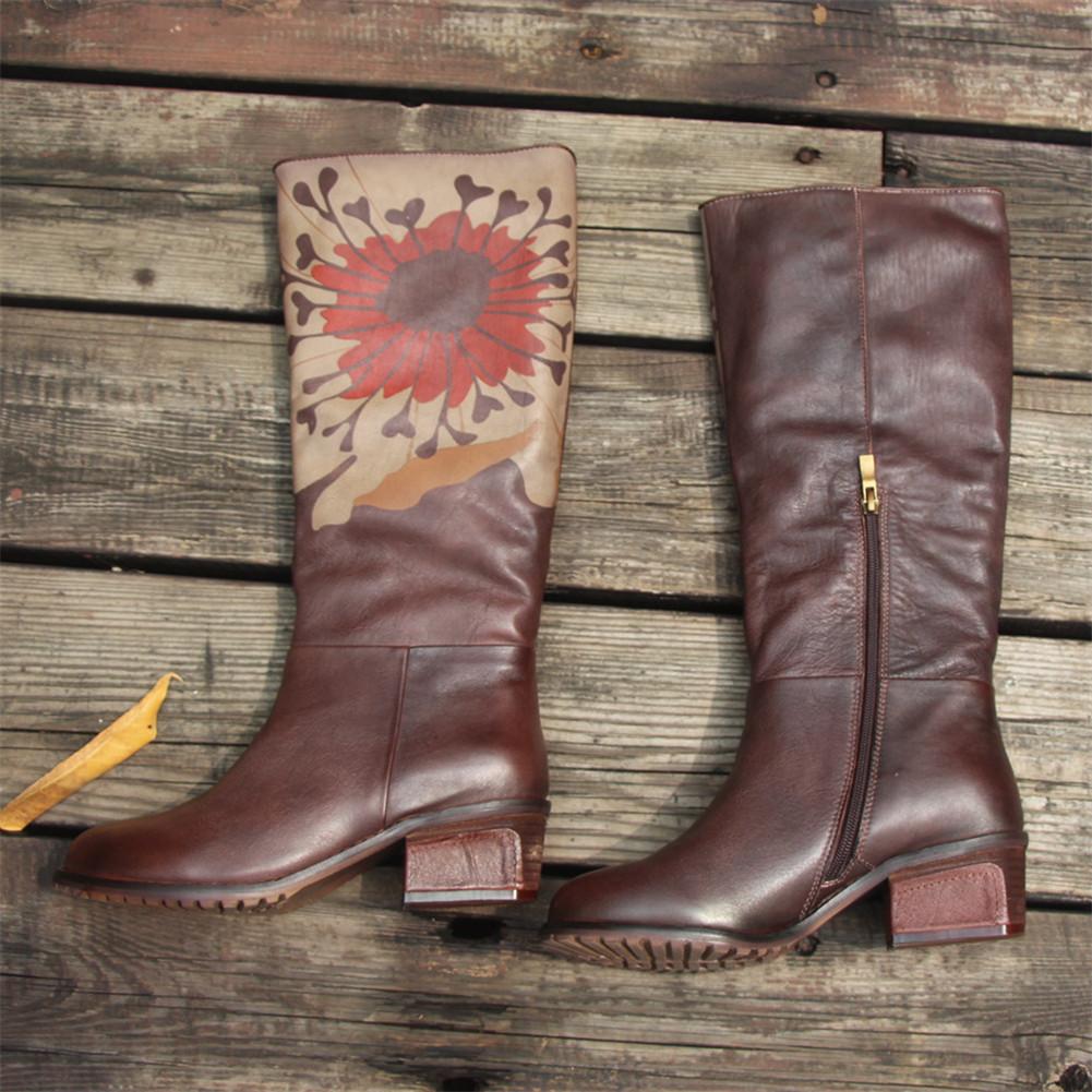 Handmade Leather Knee High Boots  Block Heel Biker Boots Retro Flowers