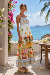 Linen Floral Print Midi Slip Dress