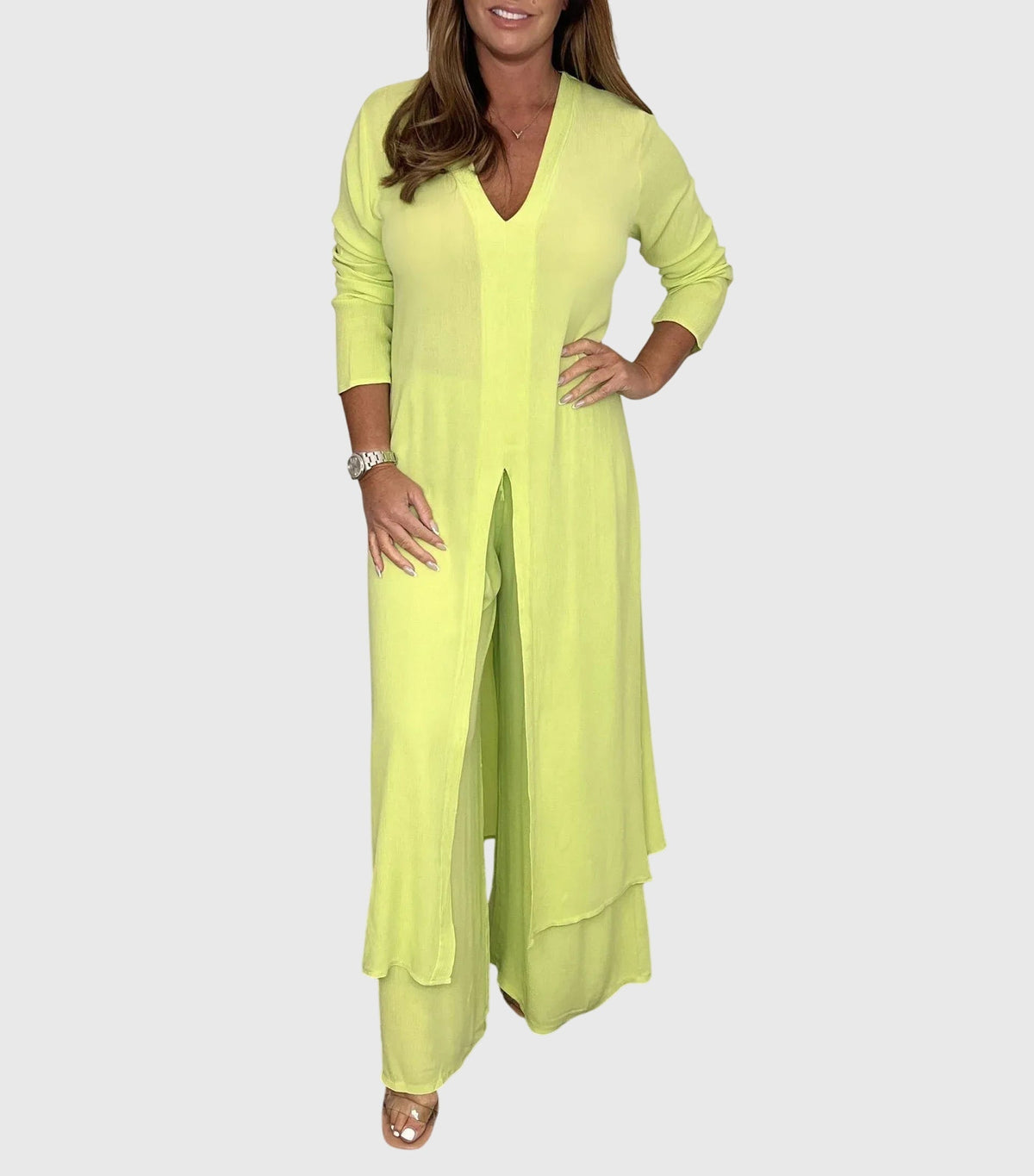 Long Sleeve Side Slit Longline Top and Wide Leg Pants Two Piece Set