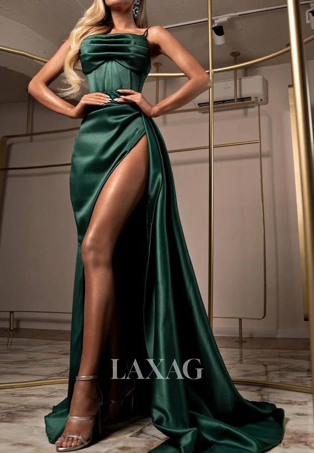 Tube Top Spaghetti Straps Sleeveless Mermaid Prom Dress Off-Shoulder Pleated High Slit Formal Gowns