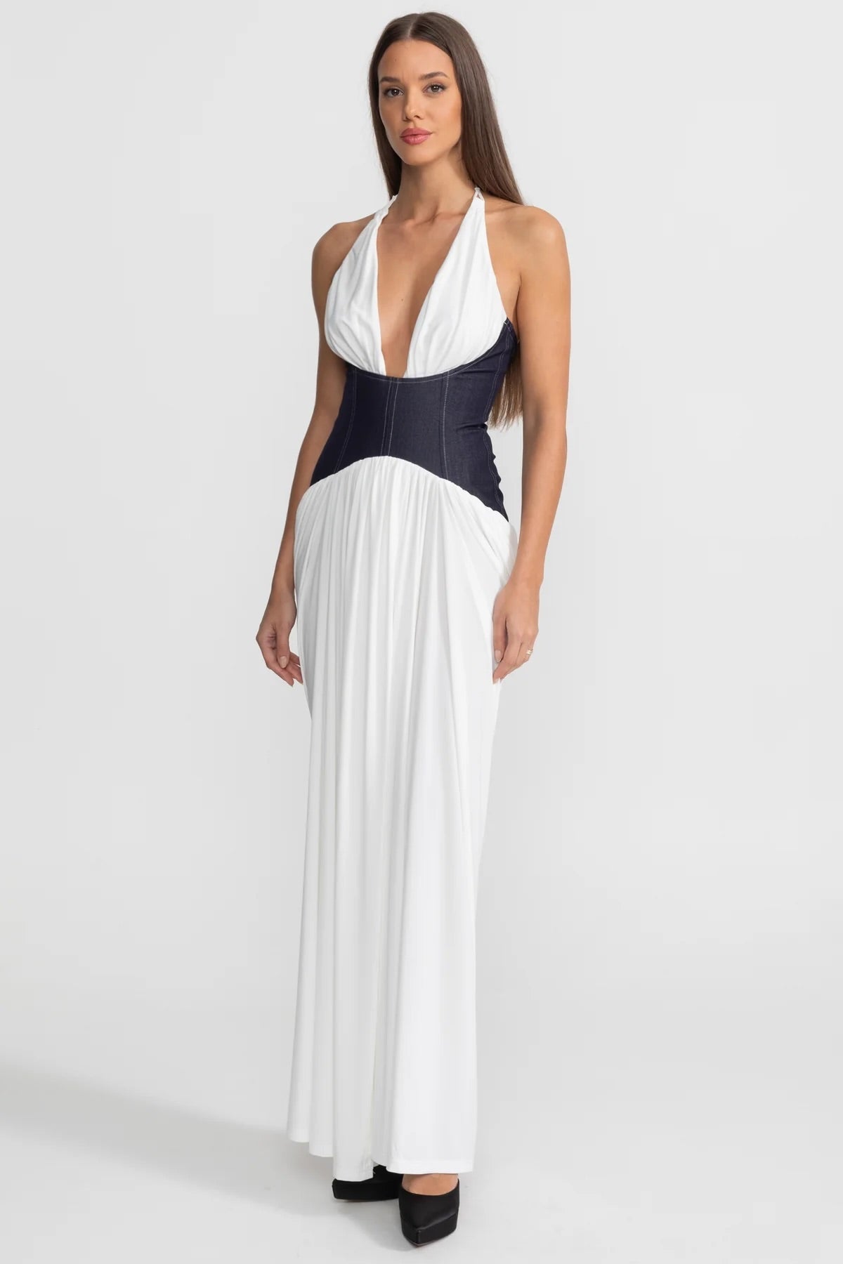 Halter Deep V-Neck Denim Look Corset Waist Draped Maxi Dress 3