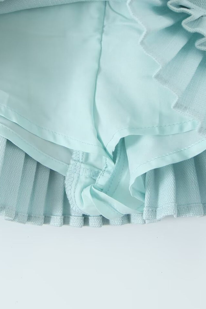 Low-Rise Pleated Denim Mini Skort