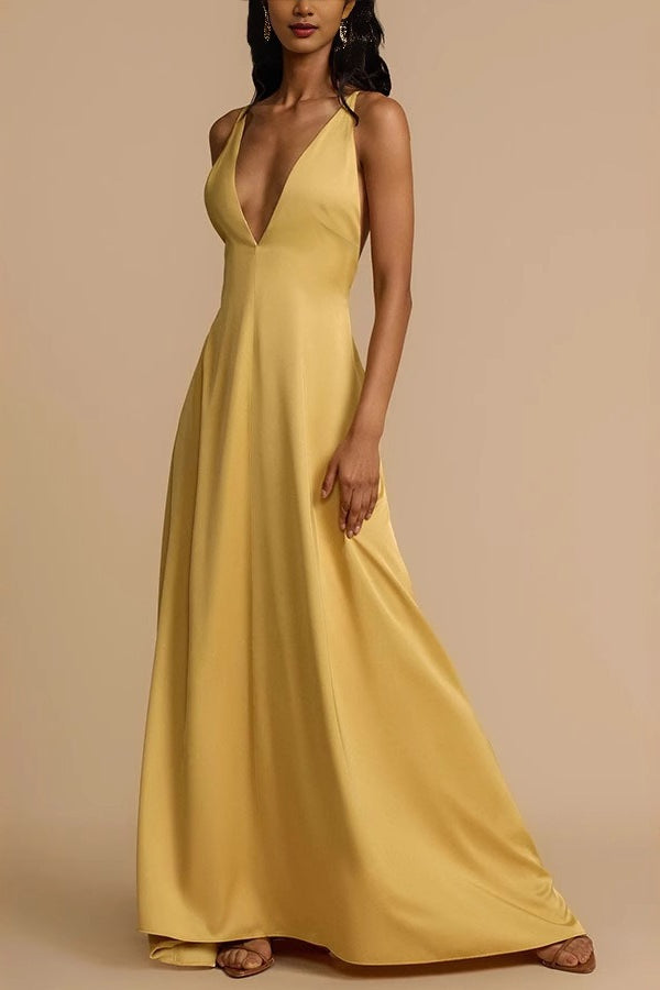 Satin Deep V-Neck Spaghetti Strap Backless A-Line Maxi Dress