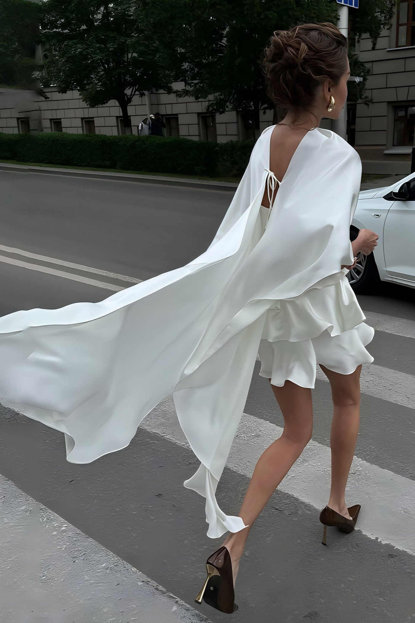 Satin Cape Ruffle High Neck Tiered Mini Dress 6
