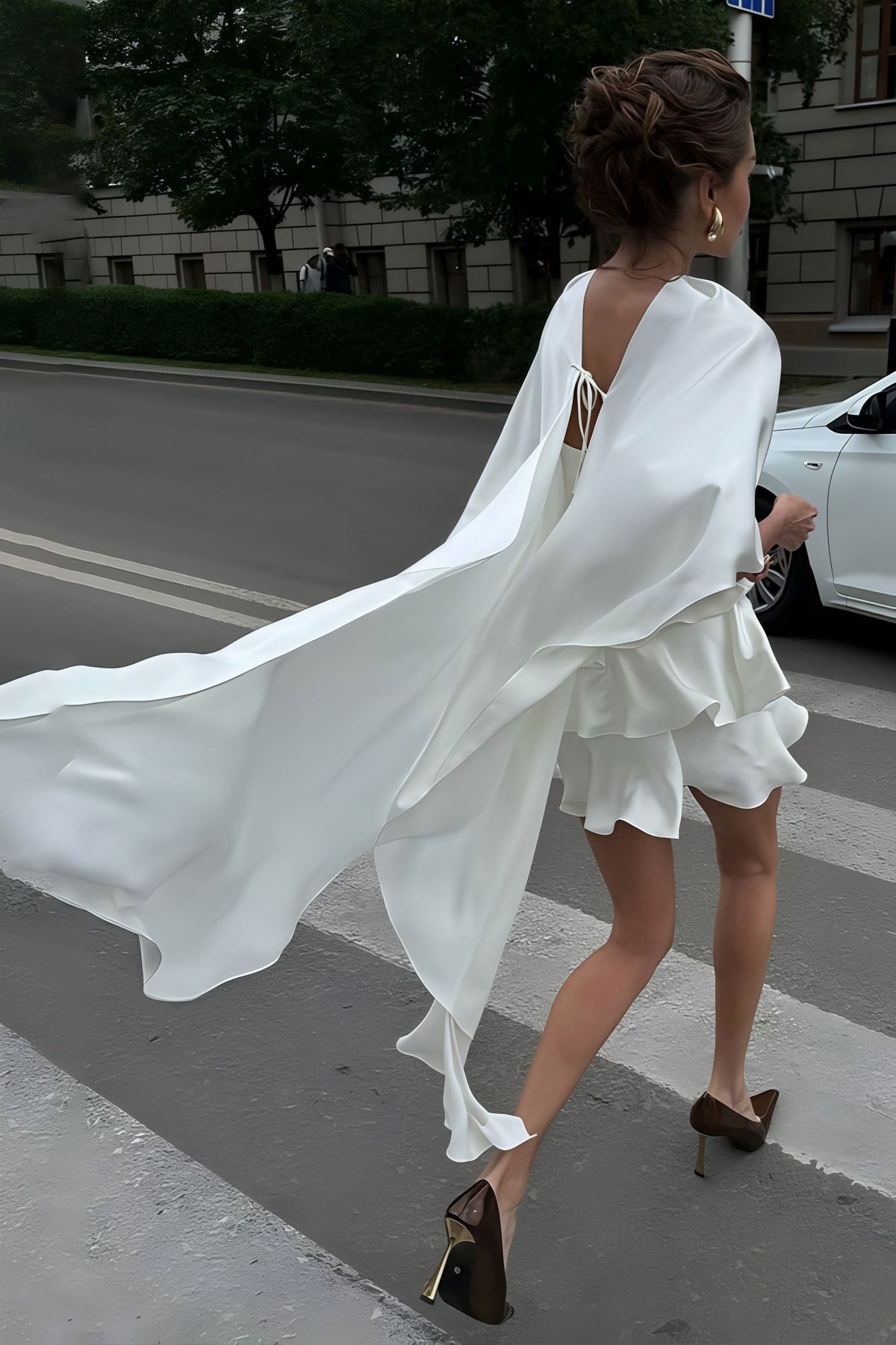Satin Cape Ruffle High Neck Tiered Mini Dress 6