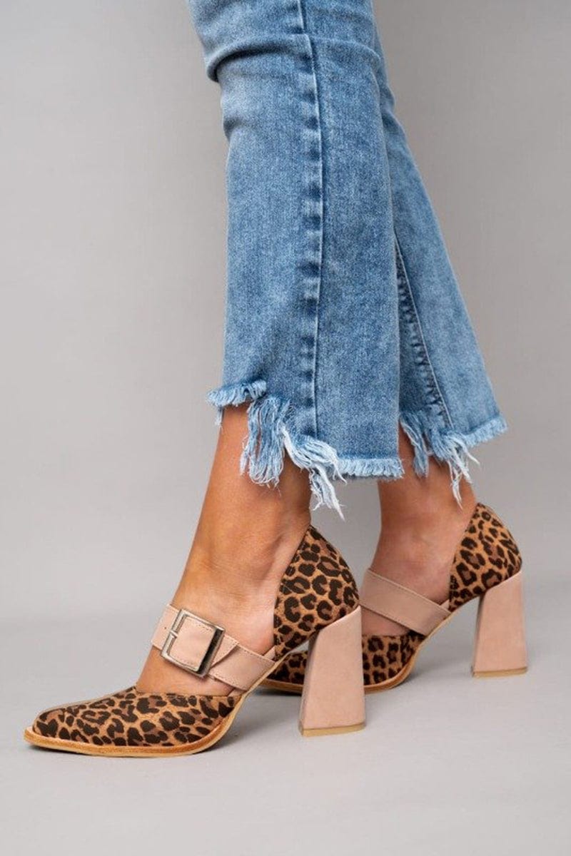 Leopard Print Pointed Toe Buckle Strap Block Heel Pumps