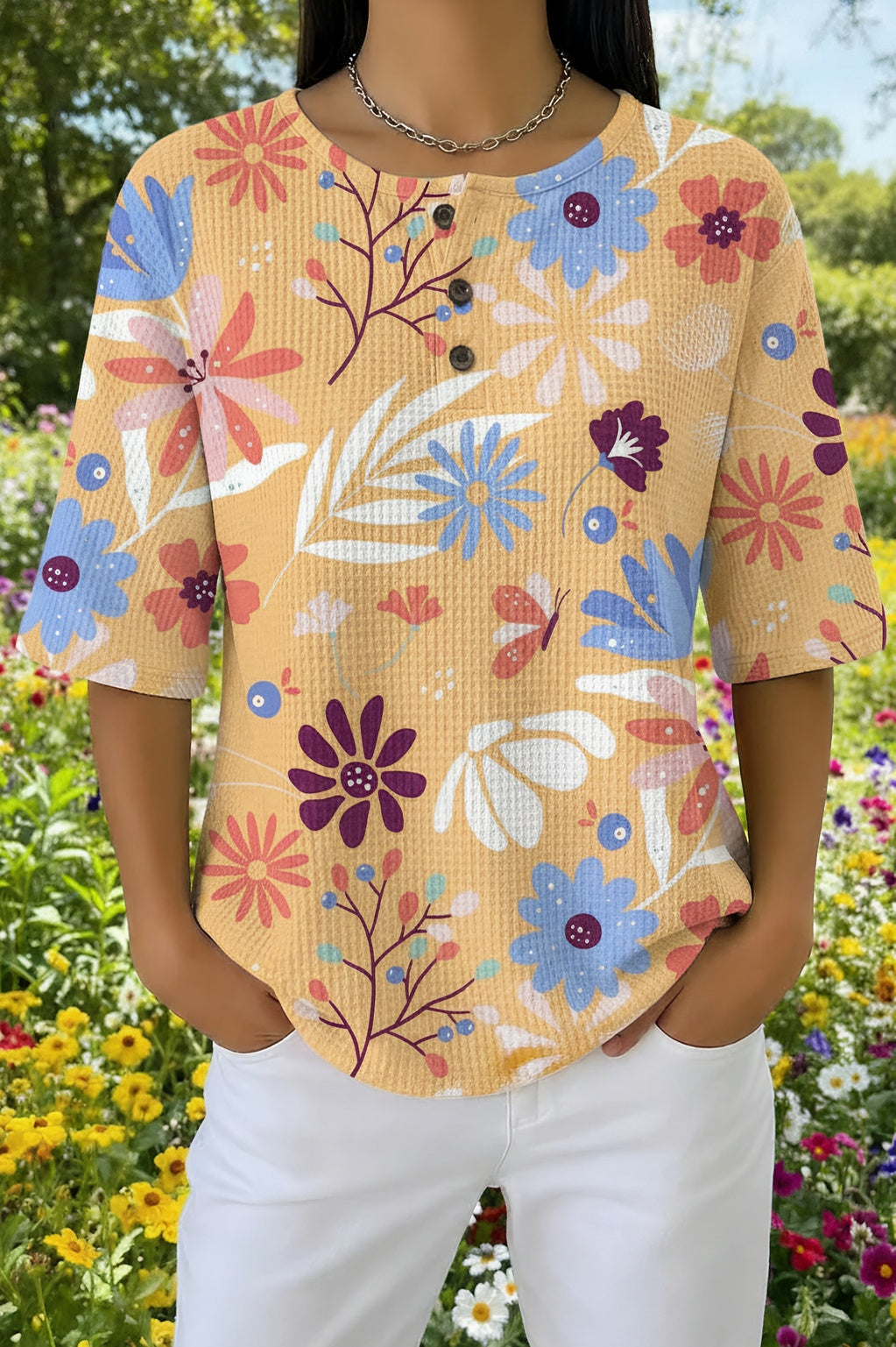 Womens Orange Tropical Print Casual Shirt