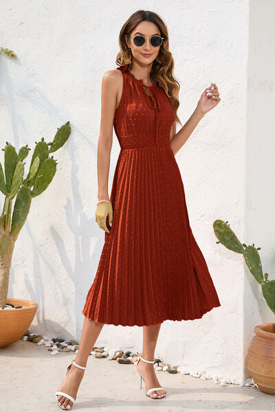 Swiss Dot Tie Neck Sleeveless Dress Red Orange