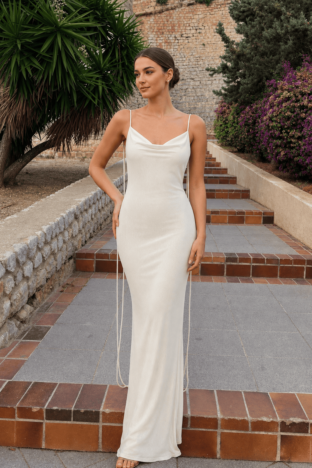 Solid Cowl Neck Tie Back Slim Slip Dress
