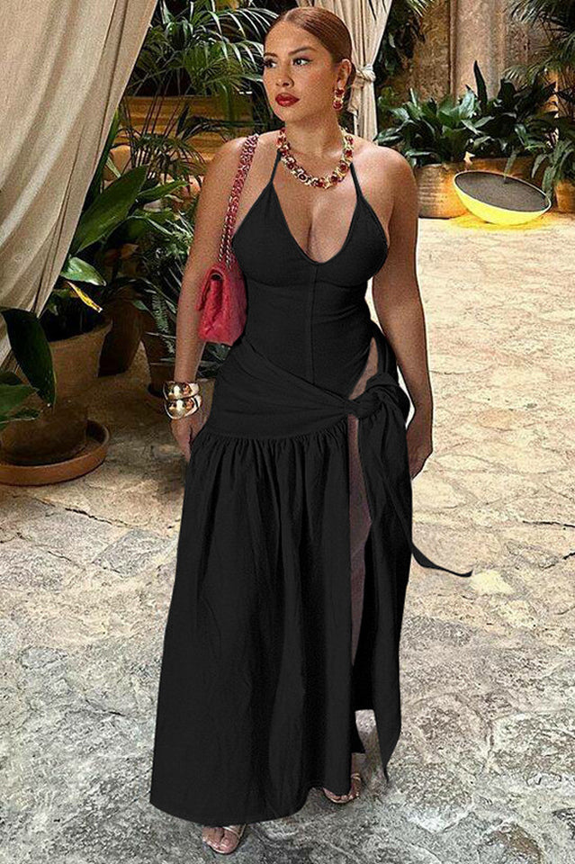 Halter Deep V-Neck Backless High Split Maxi Dress 18