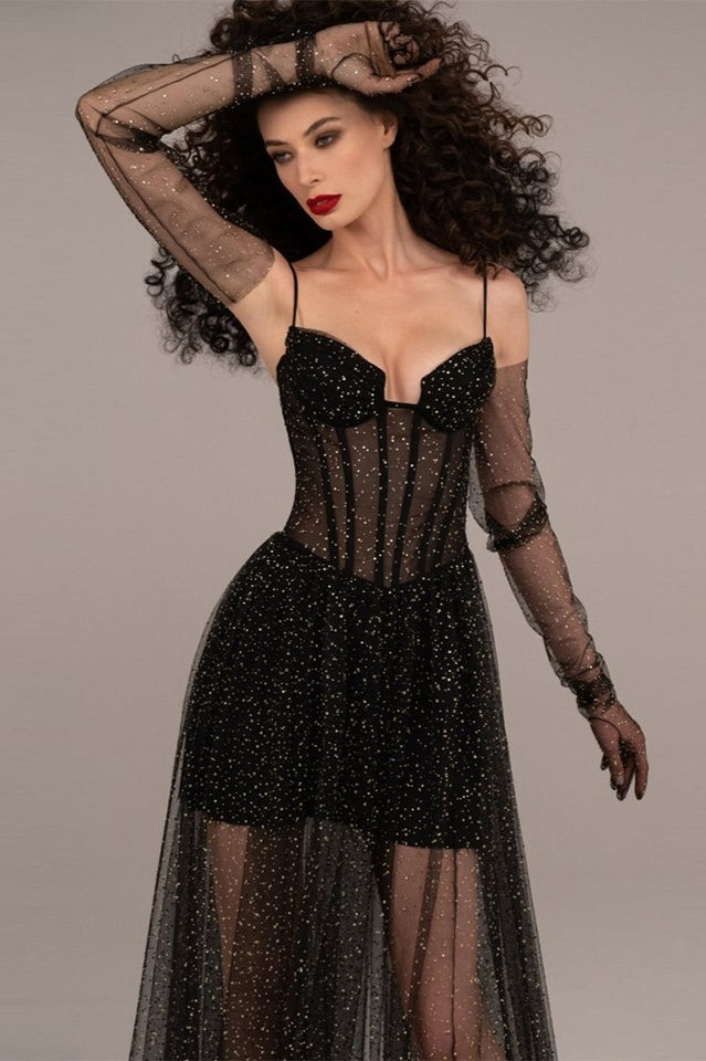 Glitter Tulle Sheer Corset Bodice Spaghetti Strap Maxi Gown 2