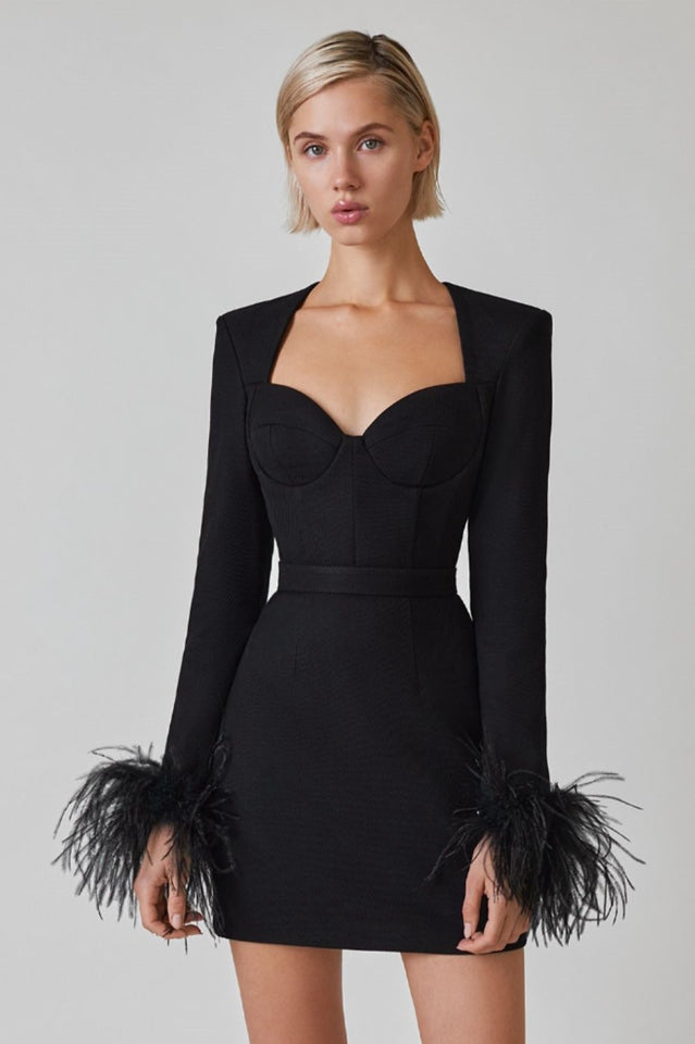 Feather Cuff Long Sleeve Sweetheart Bustier Bandage Mini Dress 10