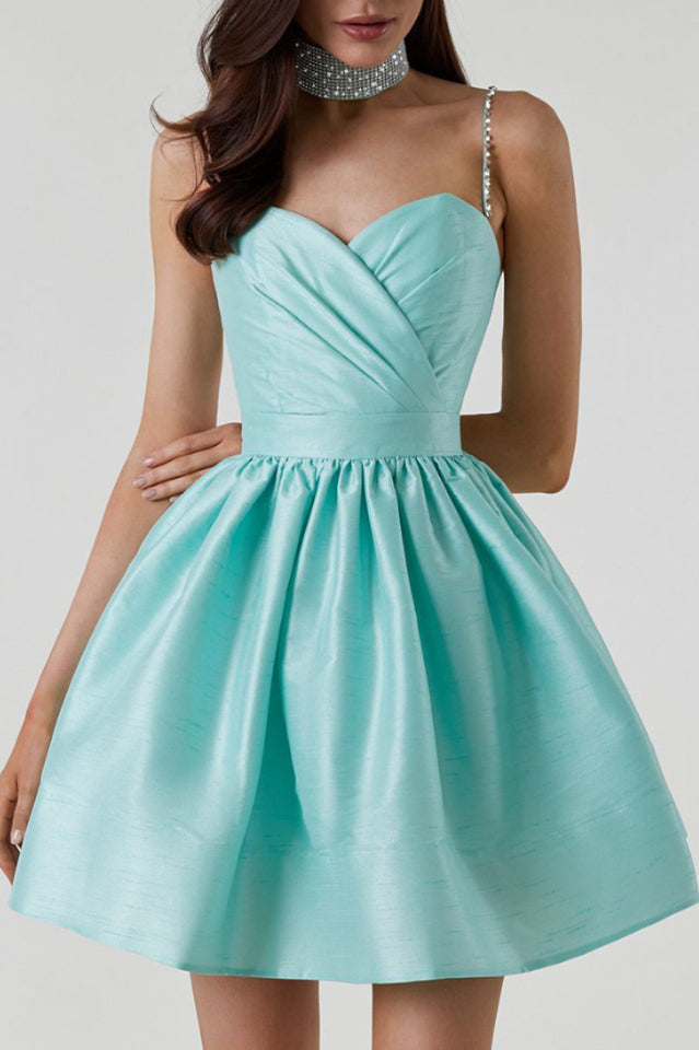 Rhinestone Spaghetti Strap Sweetheart Pleated Fit and Flare Mini Dress