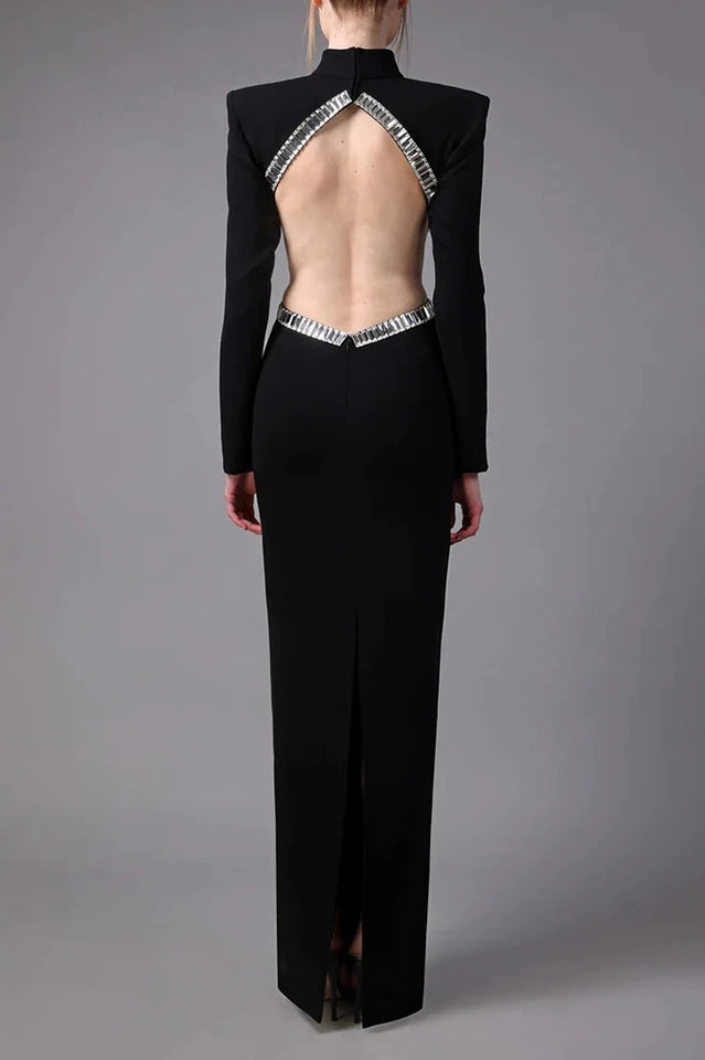 Crystal Trim Cut Out Crepe Maxi Dress - View 7