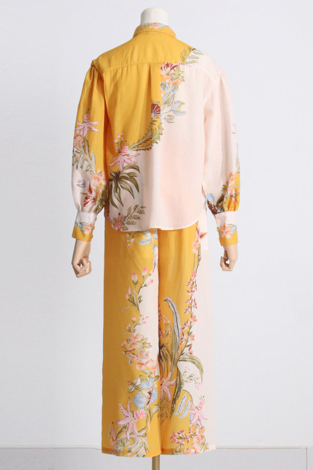 Floral Print Long Sleeve Button Shirt and Wide Leg Pants Two Piece Set 9