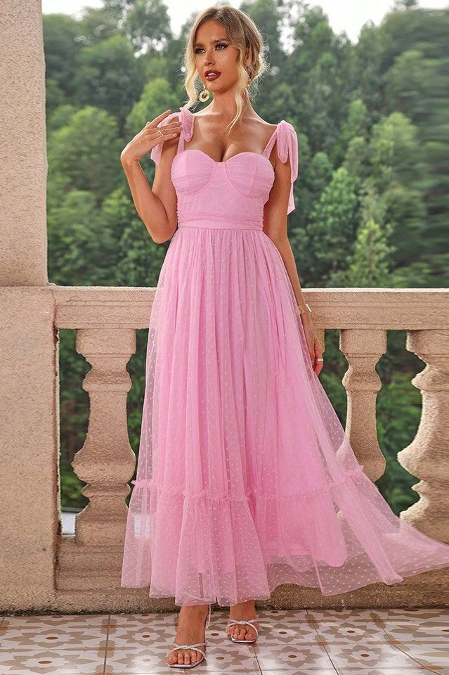 Tulle Swiss Dot Bustier Sweetheart Tie Shoulder Tiered Ruffle Maxi Dress
