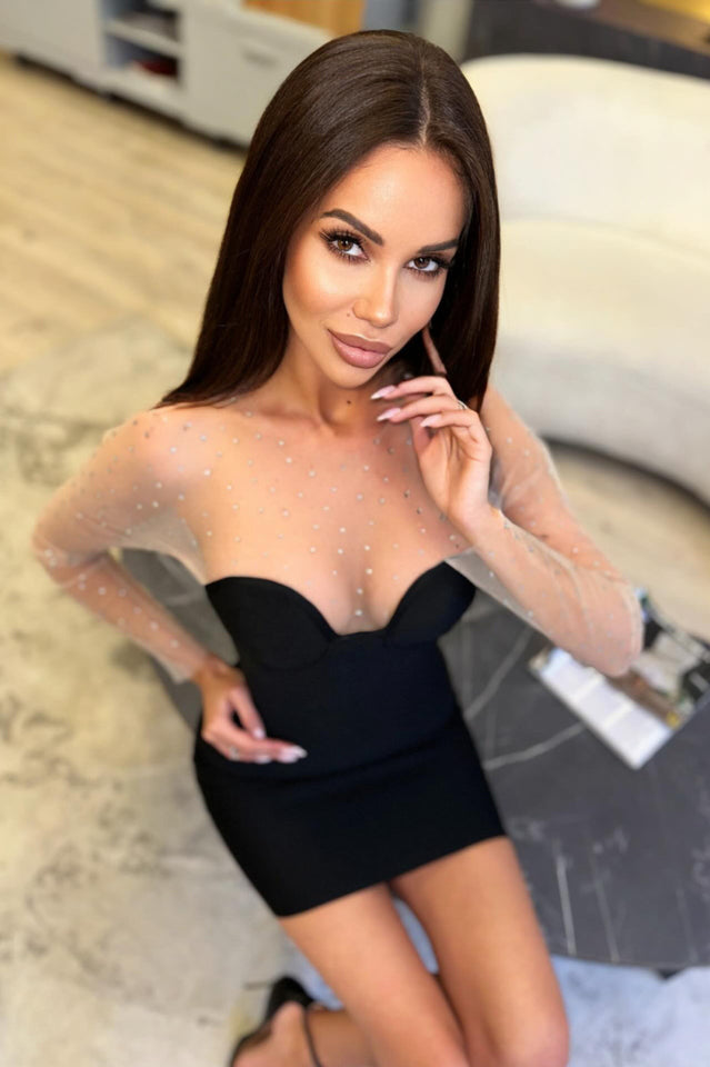 Rhinestone Sheer Mesh Long Sleeve Sweetheart Bodycon Mini Dress 6