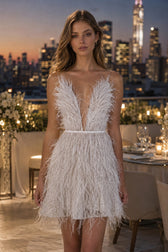 Backless Plunge Feathered Party Slip Dress