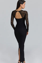 Lace Trim Sheer Mesh Side Slit Fit Floor Lace Dress