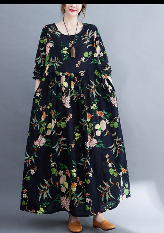 Floral Print Round Neck Long Sleeve Empire Waist Oversized Maxi Dress