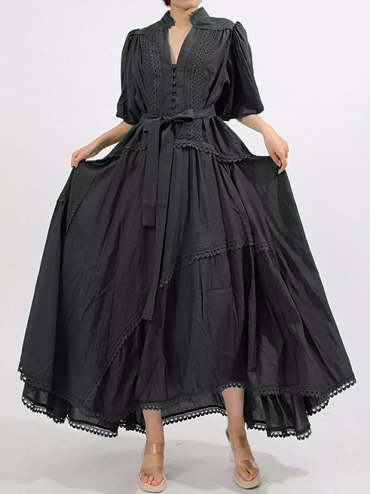 Crochet Lace Trim Notched Neck Puff Sleeve Tie Waist Tiered Maxi Dress 11