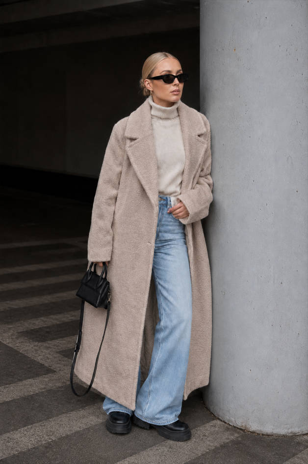 Notch Lapel Long Sleeve Textured Fleece Longline Overcoat 5