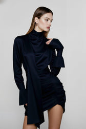 Satin Cowl Neck Bell Sleeve Cape Drape Ruched Mini Dress