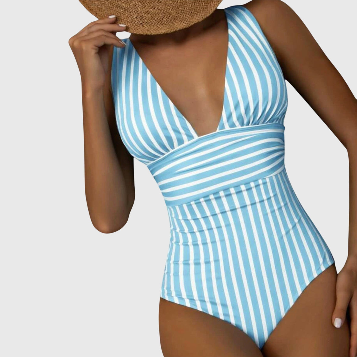 Striped Deep V-Neck Ruched One Piece Swimsuit