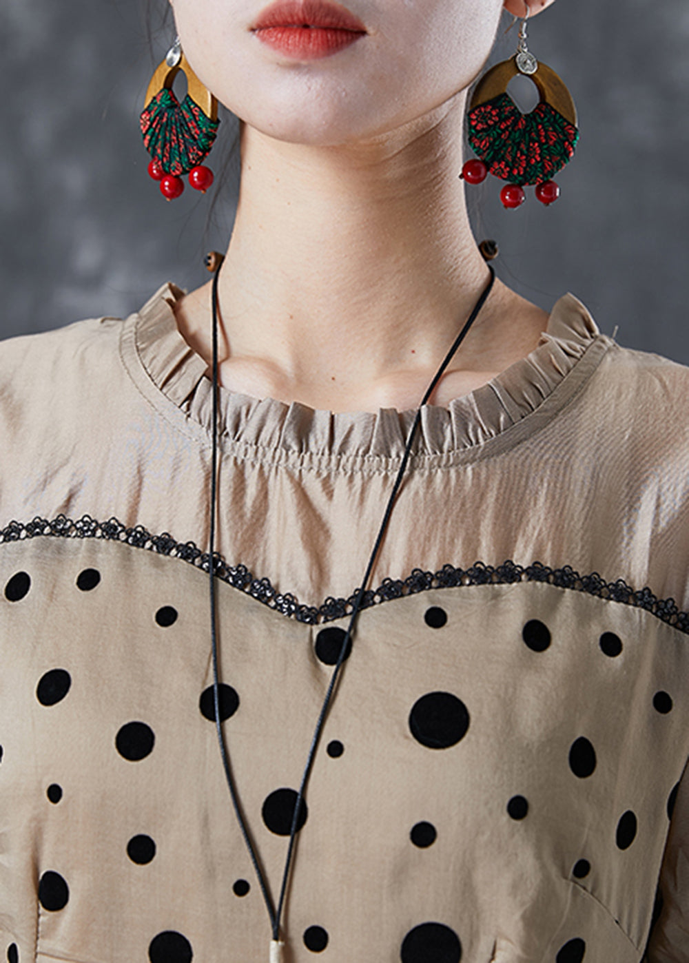 Polka Dot Stripe Patchwork Ruffle Neck Short Sleeve Tiered Midi Dress