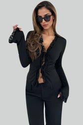 Flare Sleeve Tie Front Long Sleeve Top