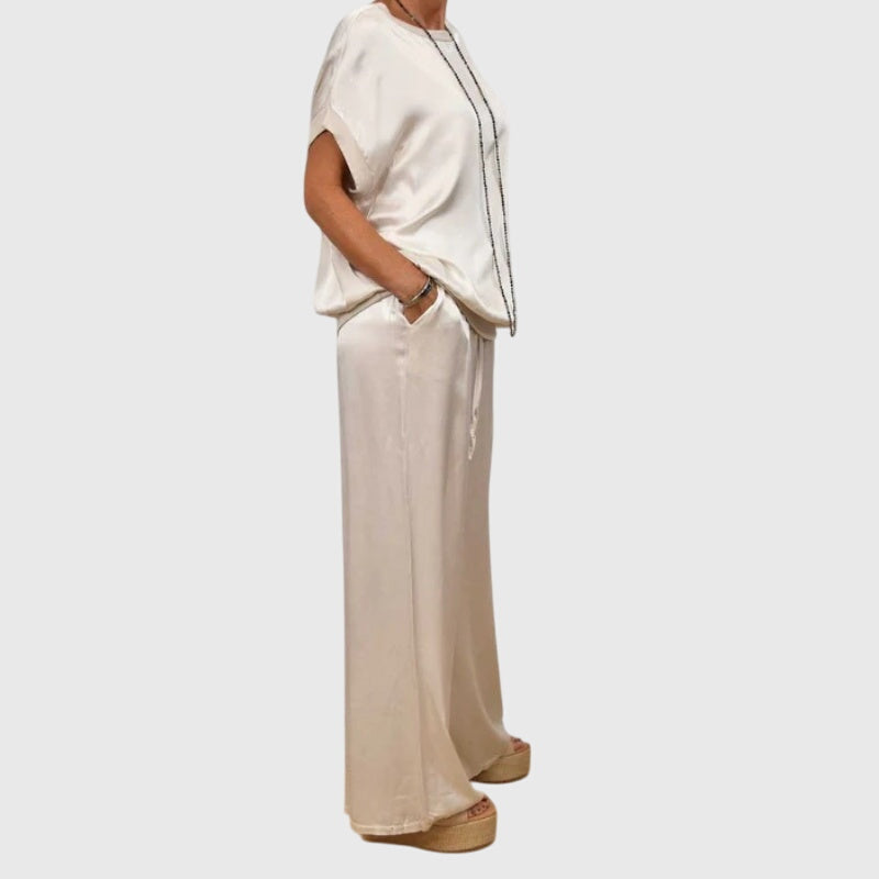 Short Sleeve Boxy Top and Drawstring Wide Leg Pants Two Piece Set