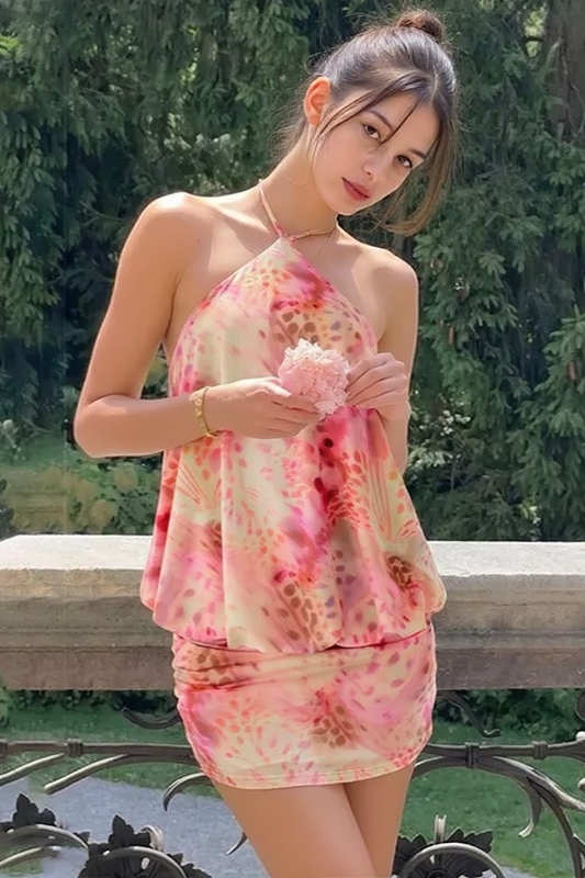 Printed Halter Tie Back Bodycon Slip Dress