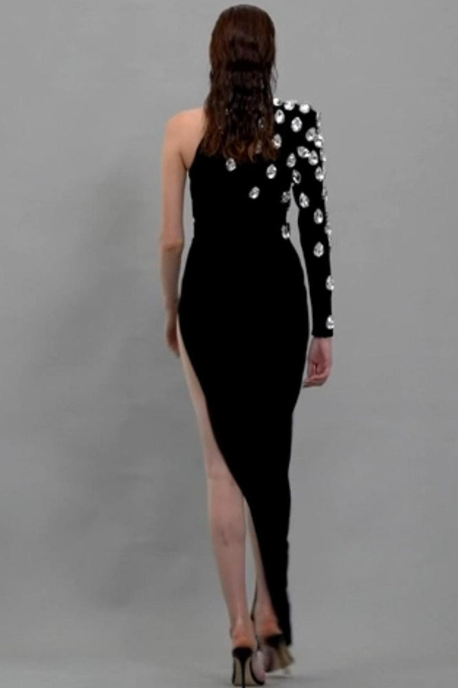 Rhinestone One Shoulder Long Sleeve Slit Bandage Cocktail Dress - View 2
