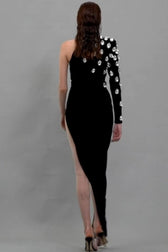 Rhinestone One Shoulder Long Sleeve Slit Bandage Cocktail Dress - View 2
