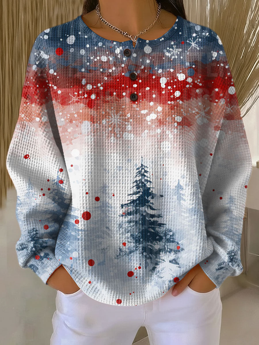 Christmas Tree Print Waffle Knit Button Henley Sweatshirt