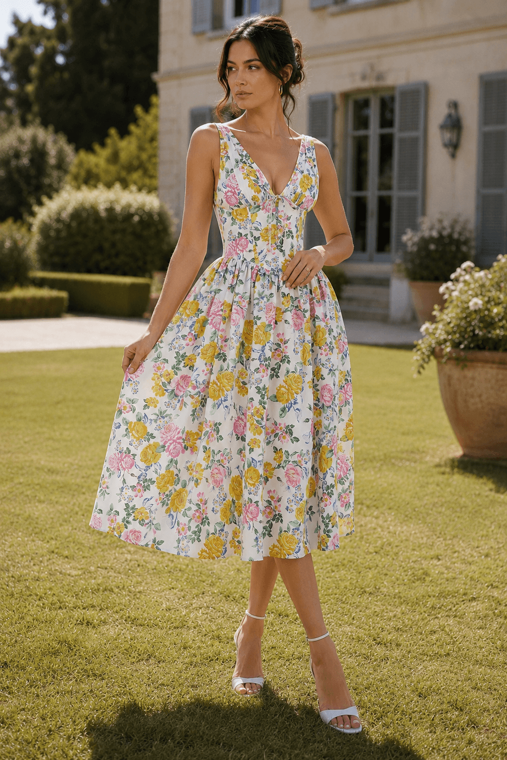 Spaghetti Strap V Neck Fitted Long Floral Dress