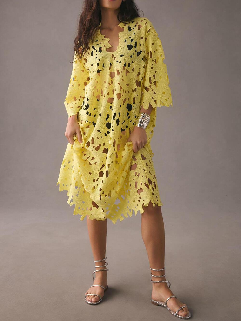 Cover Up Lace Beach Midi Dress Yellow One size