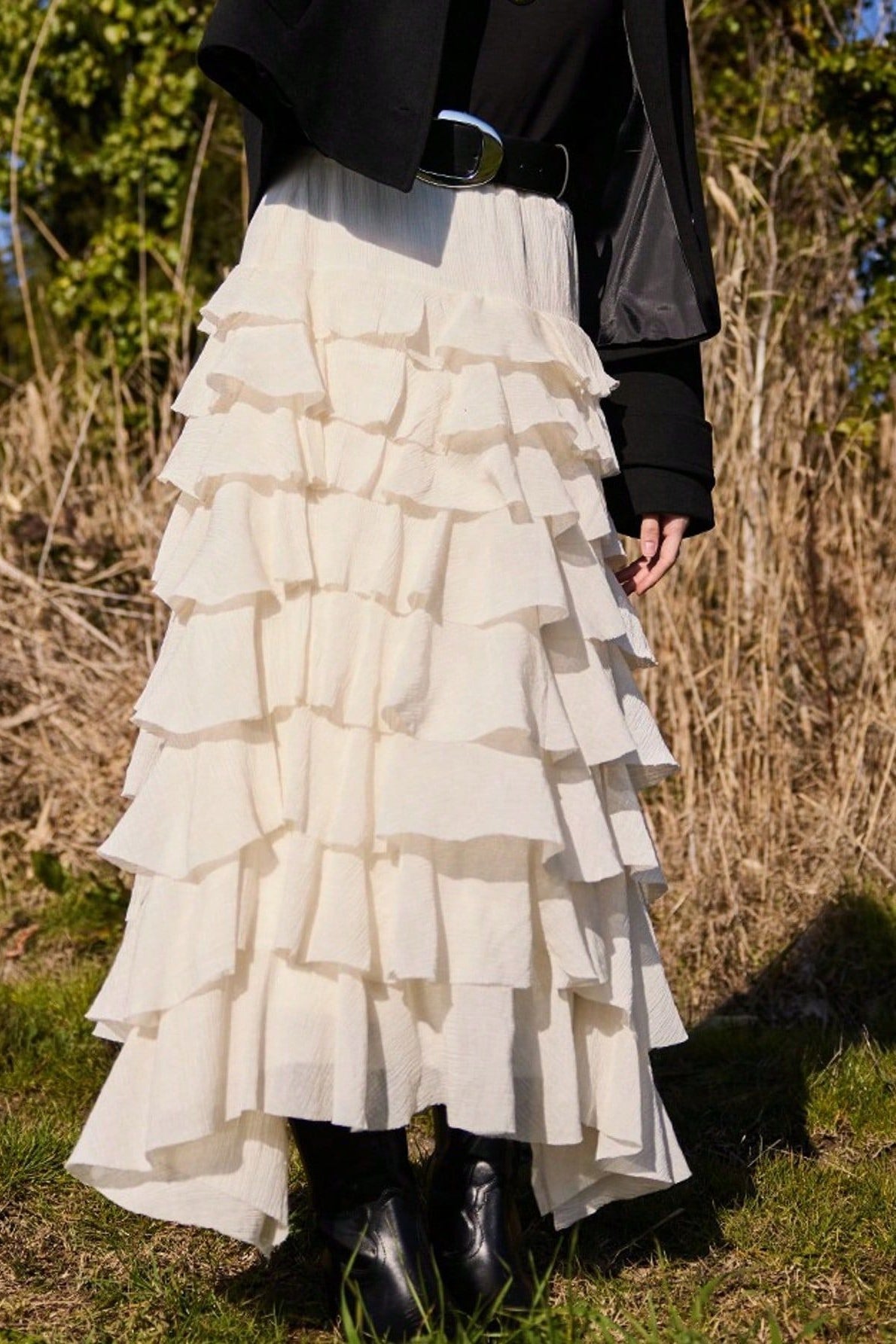 Tiered Layered Ruffle Asymmetric Hem Midi Skirt 2