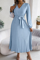 Solid Color Elegant V-neck Buttoned Lace-up Pleated Maxi Dress - View 13