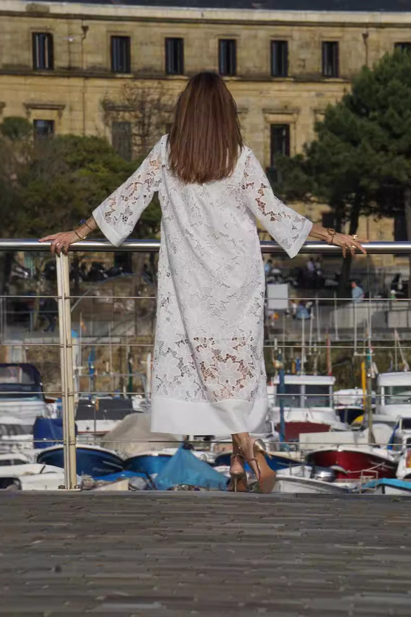 Cutwork Lace V-Neck Three Quarter Sleeve Loose Maxi Dress