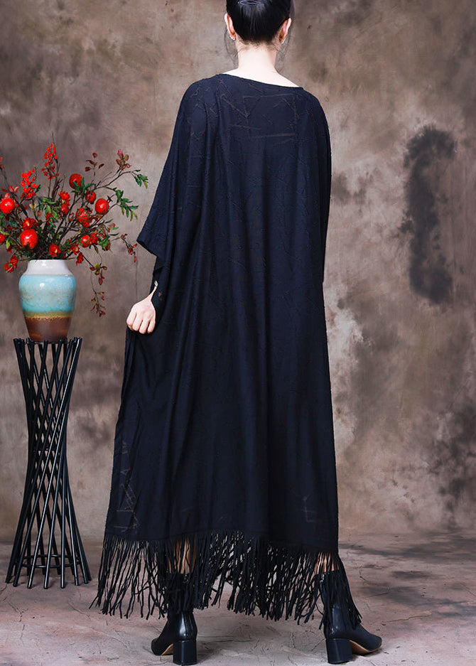Mesh Geometric Fringe Hem Batwing Sleeve Kaftan Maxi Dress