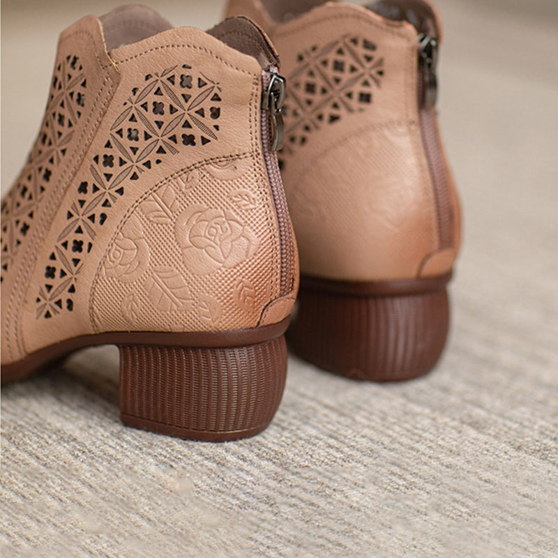 Cut Out Summer Boots Breathable Leather Short Boots Coffee /Apricot