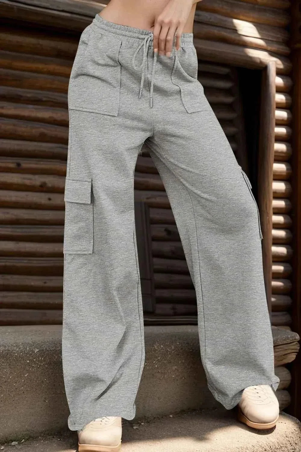 Drawstring Elastic Waist Cargo Pocket Wide Leg Sweatpants