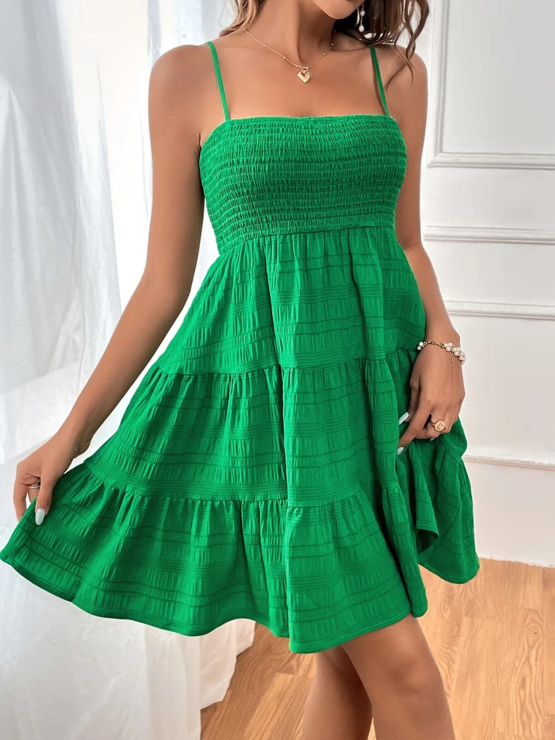 Smocked Tiered Sleeveless Mini Dress Mid Green