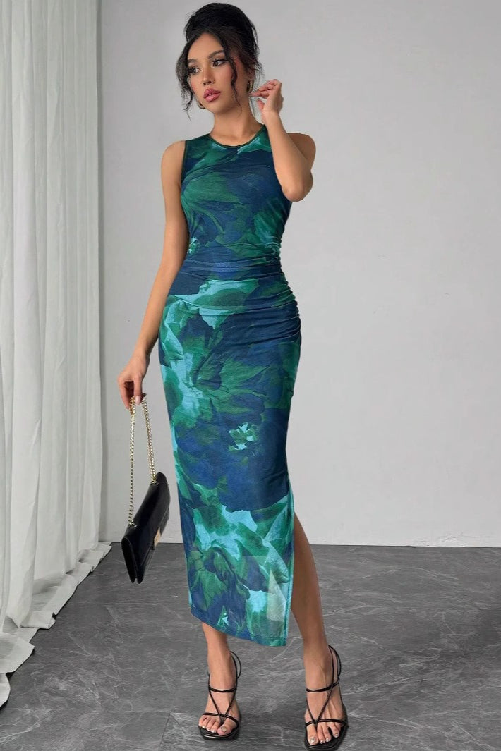 Abstract Print Mesh Sleeveless Crew Neck Ruched Side Split Midi Dress