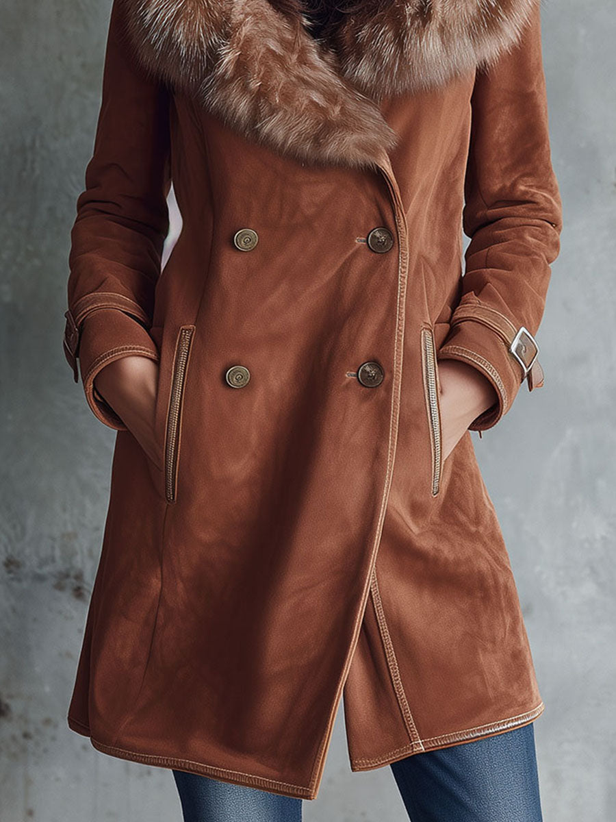 Double-Breasted Camel Microsuede Coat With Luxury Eco Fur Collar