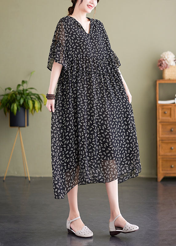 Floral Print V-Neck Flared Sleeve Gathered Waist Flowy Midi Dress
